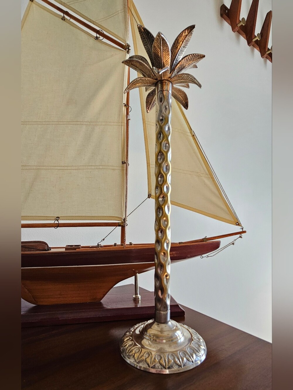 Vintage Andrea by Sadek Palm Tree Candle Holder Brass Silver Tone 17"